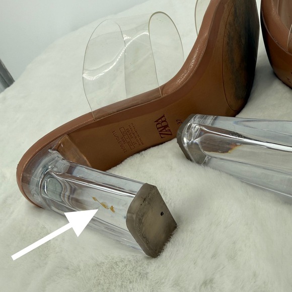 ZARA Women Transparent Clear Strap Block Heel Mules Tan Size 37 US 6.5 - Picture 4 of 8